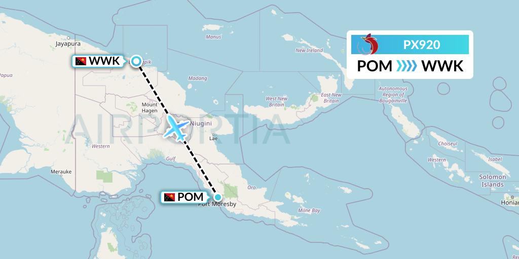 PX920 Air Niugini Flight Map: Port Moresby to Wewak