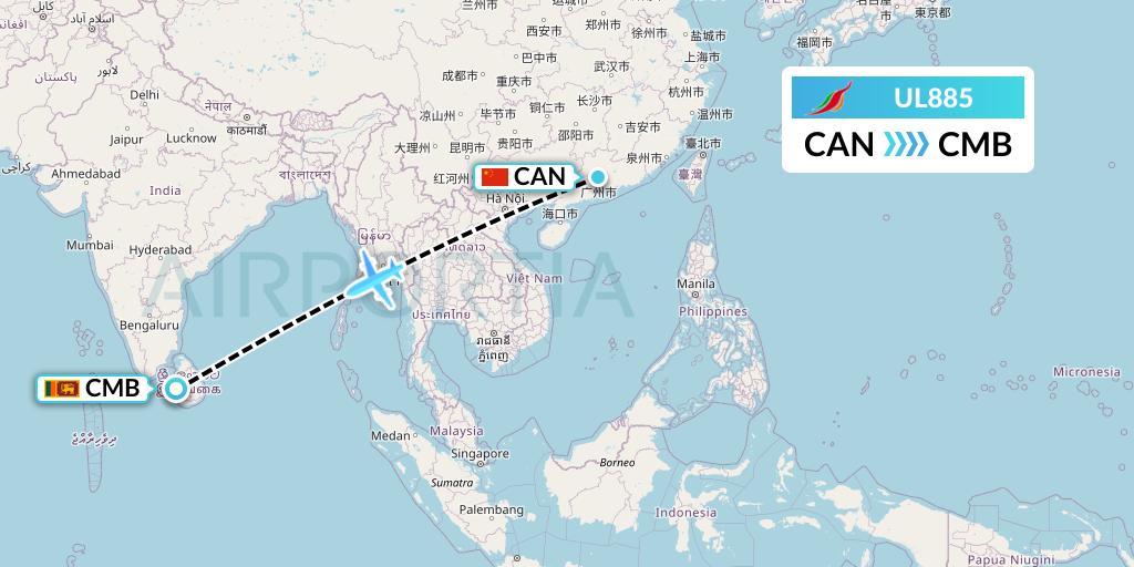 UL885 SriLankan Airlines Flight Map: Guangzhou to Colombo