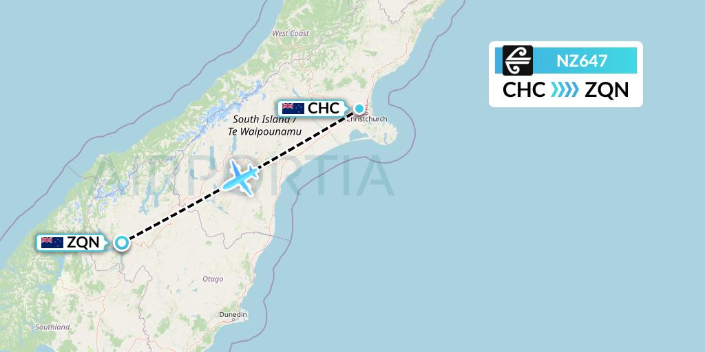 NZ647 Air New Zealand Flight Map: Christchurch to Queenstown