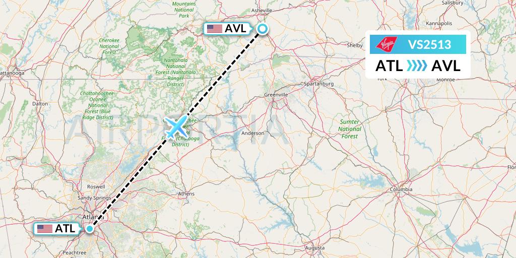 VS2513 Virgin Atlantic Airways Flight Map: Atlanta to Asheville
