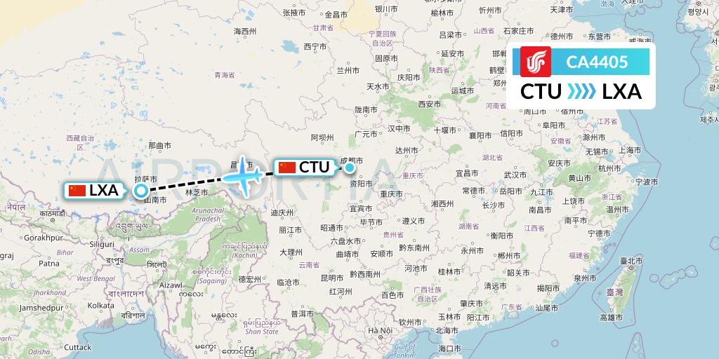 CA4405 Air China Flight Map: Chengdu to Lhasa