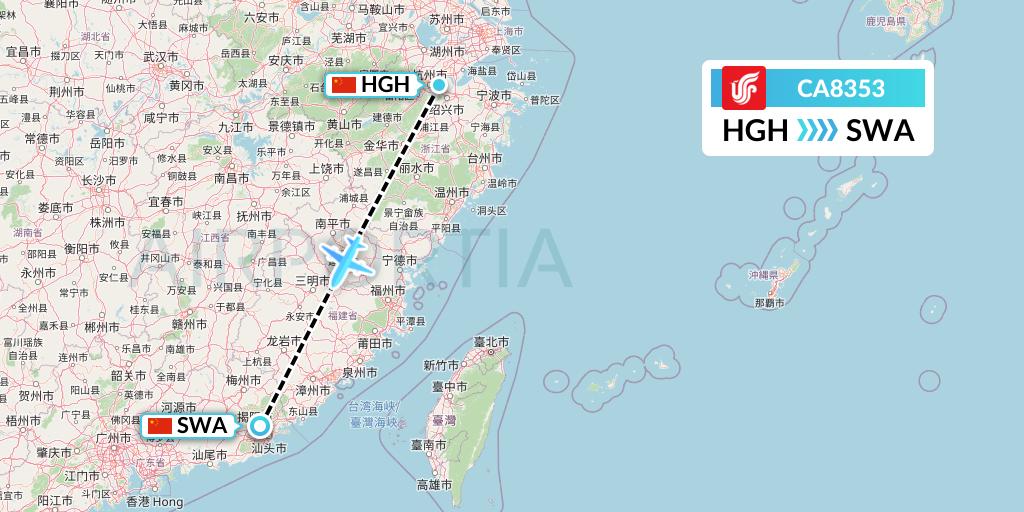 CA8353 Air China Flight Map: Hangzhou to Jieyang