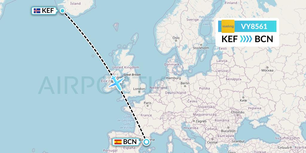 VY8561 Vueling Flight Map: Reykjavik to Barcelona