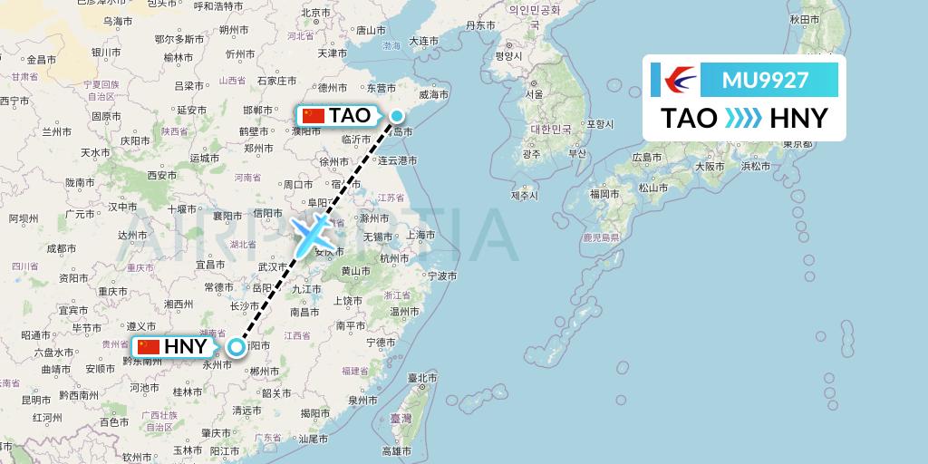 MU9927 China Eastern Airlines Flight Map: Qingdao to Hengyang
