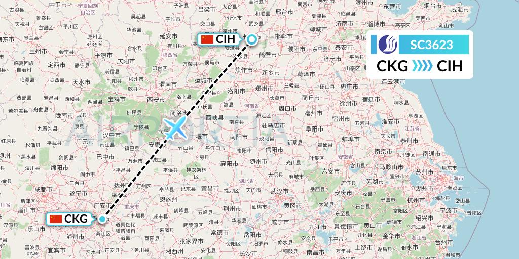 SC3623 Shandong Airlines Flight Map: Chongqing to Changzhi