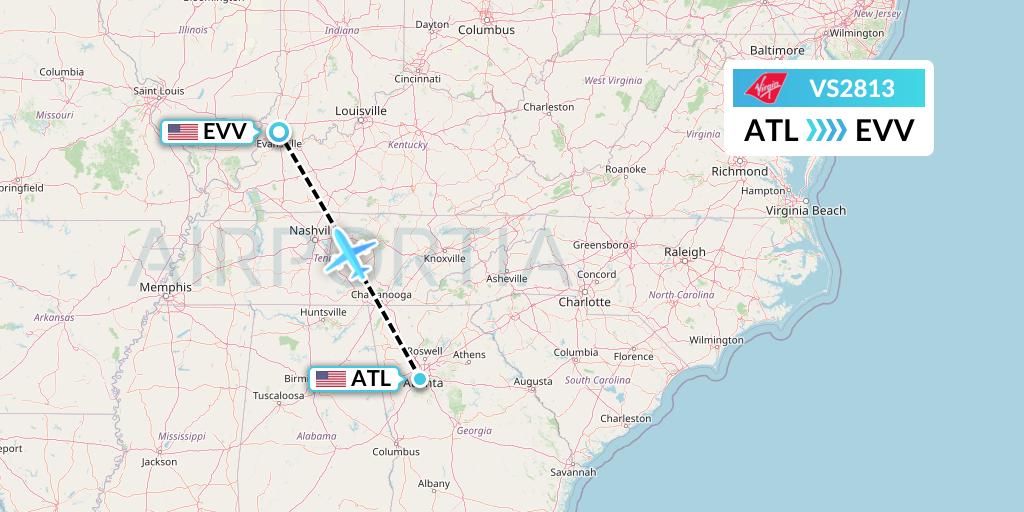 VS2813 Virgin Atlantic Airways Flight Map: Atlanta to Evansville