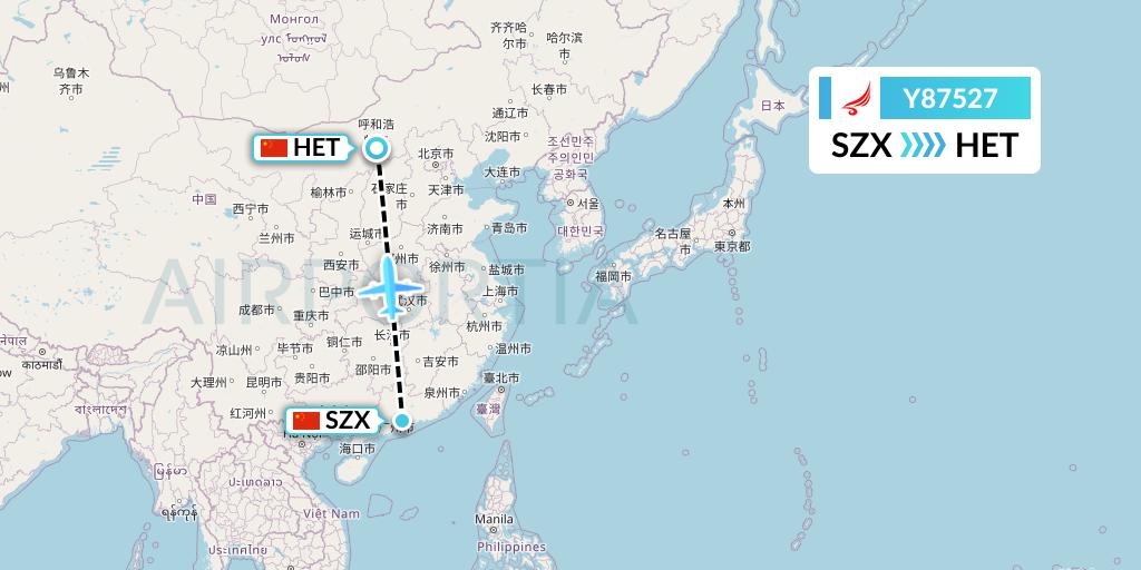 Y87527 Yangtze River Express Flight Map: Shenzhen to Hohhot