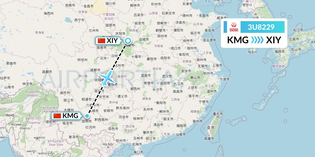 3U8229 Sichuan Airlines Flight Map: Kunming to Xi'an