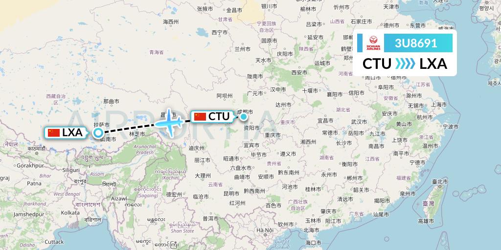 3U8691 Sichuan Airlines Flight Map: Chengdu to Lhasa