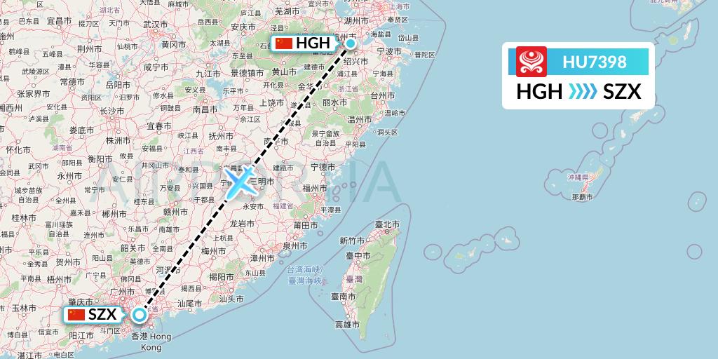 HU7398 Hainan Airlines Flight Map: Hangzhou to Shenzhen