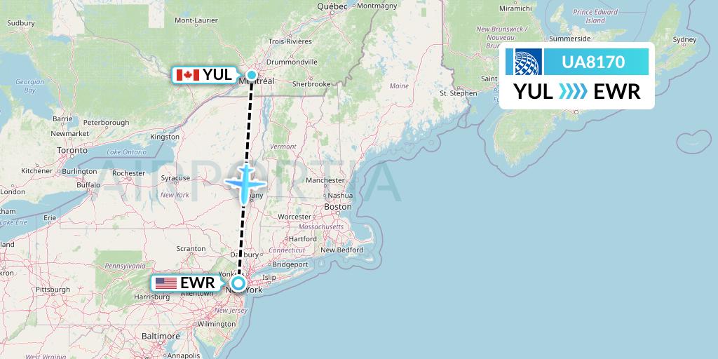 UA8170 United Airlines Flight Map: Montreal to New York