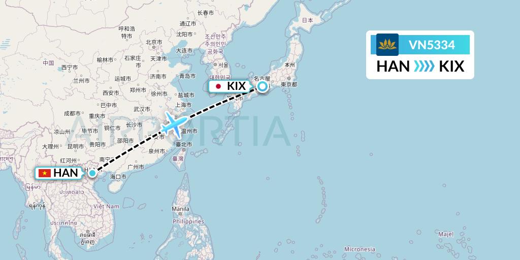 VN5334 Vietnam Airlines Flight Map: Hanoi to Osaka