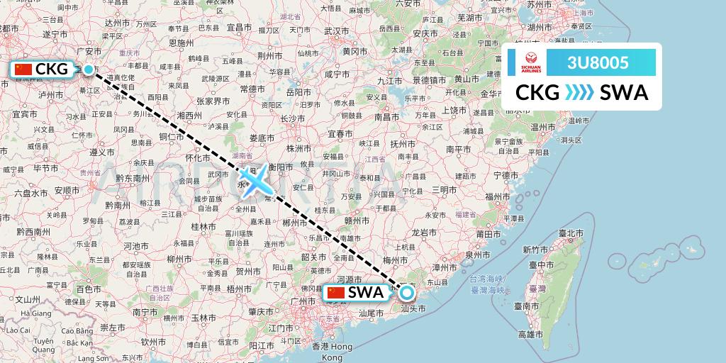 3U8005 Sichuan Airlines Flight Map: Chongqing to Jieyang
