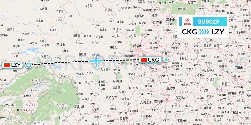 3U8029 Sichuan Airlines Flight Map: Chongqing to Nyingchi