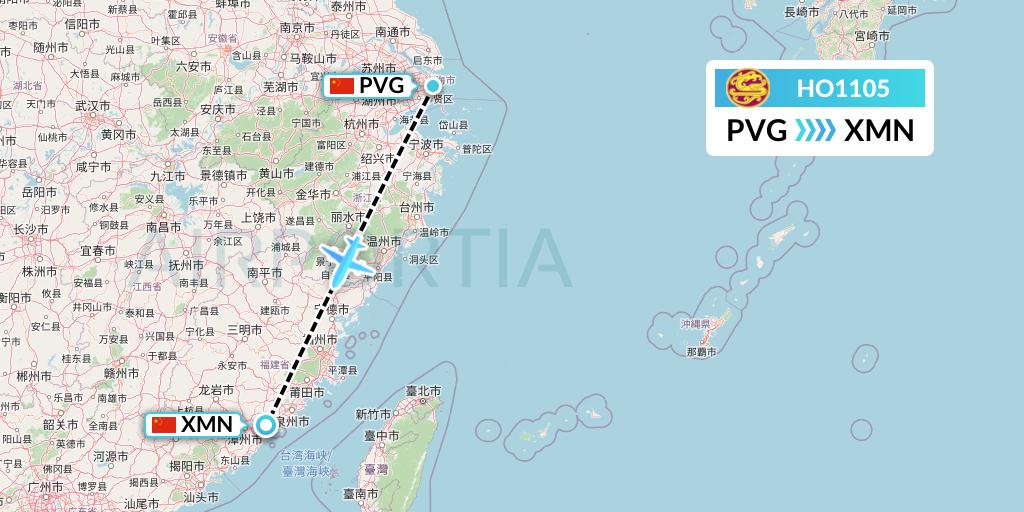 HO1105 Juneyao Airlines Flight Map: Shanghai to Xiamen
