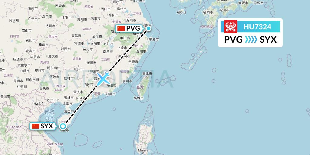 HU7324 Hainan Airlines Flight Map: Shanghai to Sanya