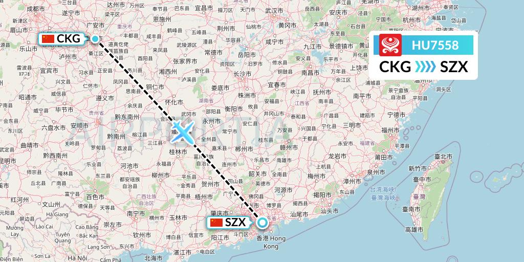 HU7558 Hainan Airlines Flight Map: Chongqing to Shenzhen