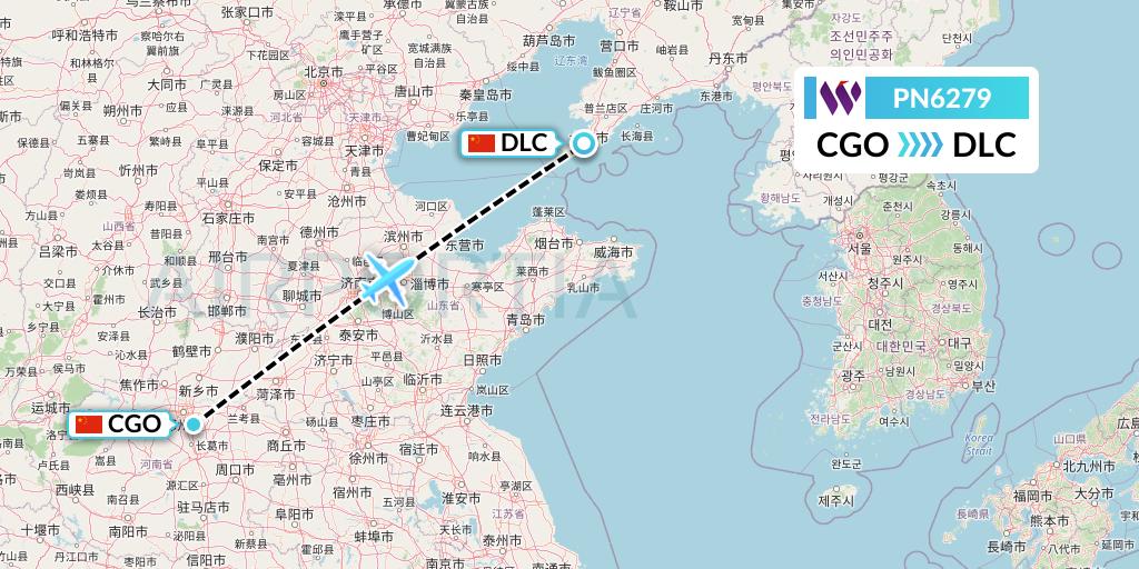 PN6279 China West Air Flight Map: Zhengzhou to Dalian