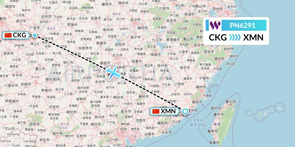 PN6291 China West Air Flight Map: Chongqing to Xiamen
