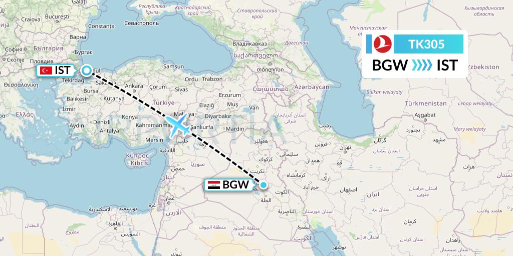 TK305 Turkish Airlines Flight Map: Baghdad to Istanbul