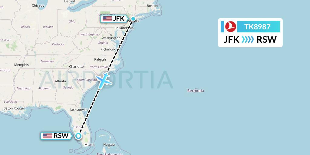 TK8987 Turkish Airlines Flight Map: New York to Fort Myers