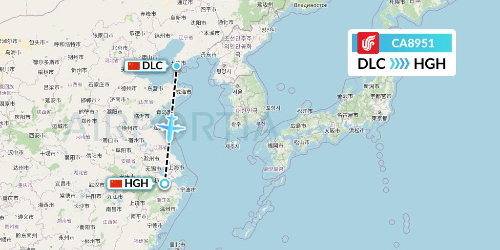 CA8951 Air China Flight Map: Dalian to Hangzhou