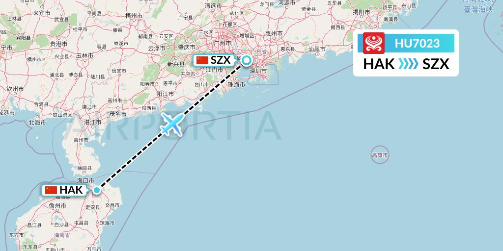 HU7023 Hainan Airlines Flight Map: Haikou to Shenzhen