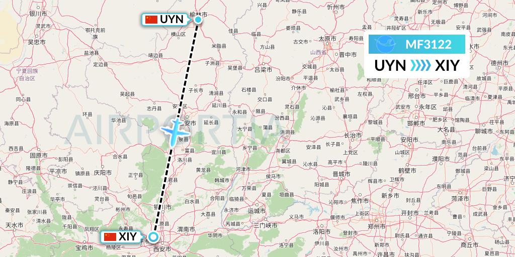 MF3122 Xiamen Airlines Flight Map: Yulin to Xi'an