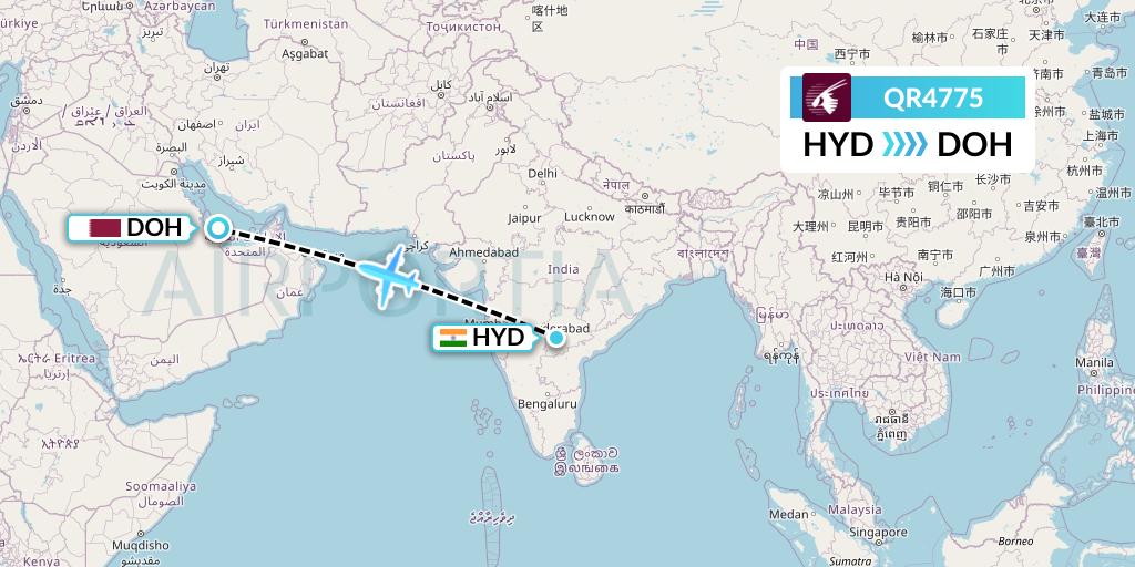QR4775 Qatar Airways Flight Map: Hyderabad to Doha