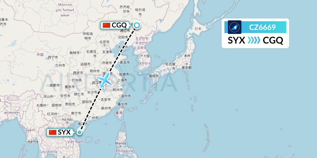 CZ6669 China Southern Airlines Flight Map: Sanya to Changchun