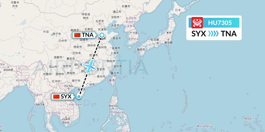 HU7305 Hainan Airlines Flight Map: Sanya to Jinan