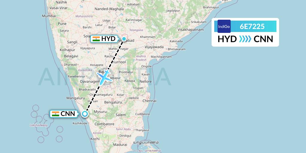 6E7225 IndiGo Airlines Flight Map: Hyderabad to Mattannur