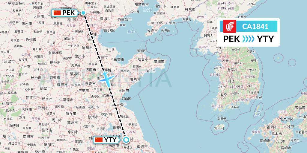 CA1841 Air China Flight Map: Beijing to Yangzhou