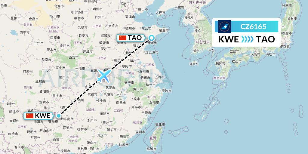 CZ6165 China Southern Airlines Flight Map: Guiyang to Qingdao