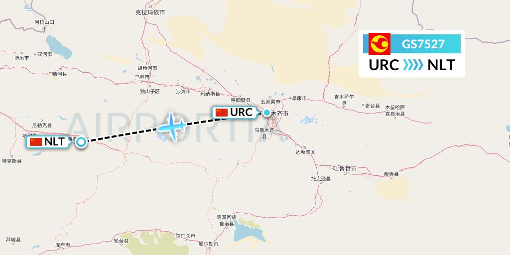 GS7527 Tianjin Airlines Flight Map: Urumqi to Xinyuan