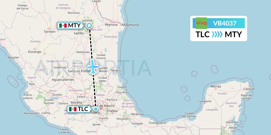 VB4037 VivaAerobus Flight Map: Mexico City to Monterrey