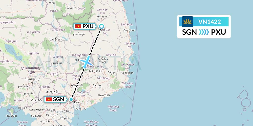 VN1422 Vietnam Airlines Flight Map: Ho Chi Minh City to Pleiku