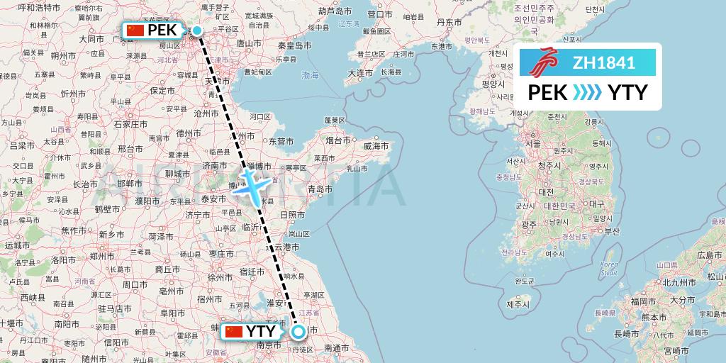 ZH1841 Shenzhen Airlines Flight Map: Beijing to Yangzhou