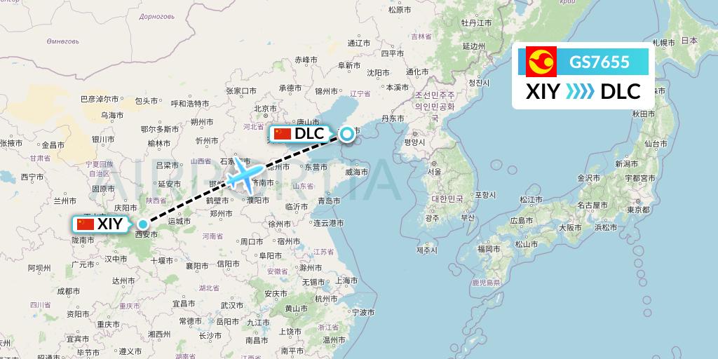 GS7655 Tianjin Airlines Flight Map: Xi'an to Dalian