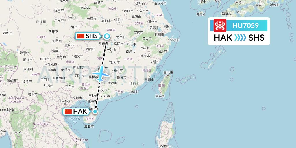HU7059 Hainan Airlines Flight Map: Haikou to Shashi