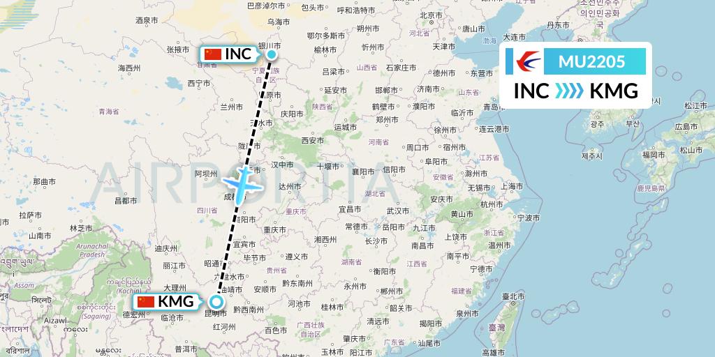 MU2205 China Eastern Airlines Flight Map: Yinchuan to Kunming