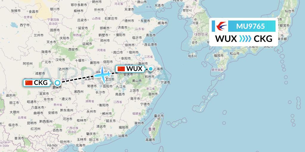 MU9765 China Eastern Airlines Flight Map: Wuxi to Chongqing