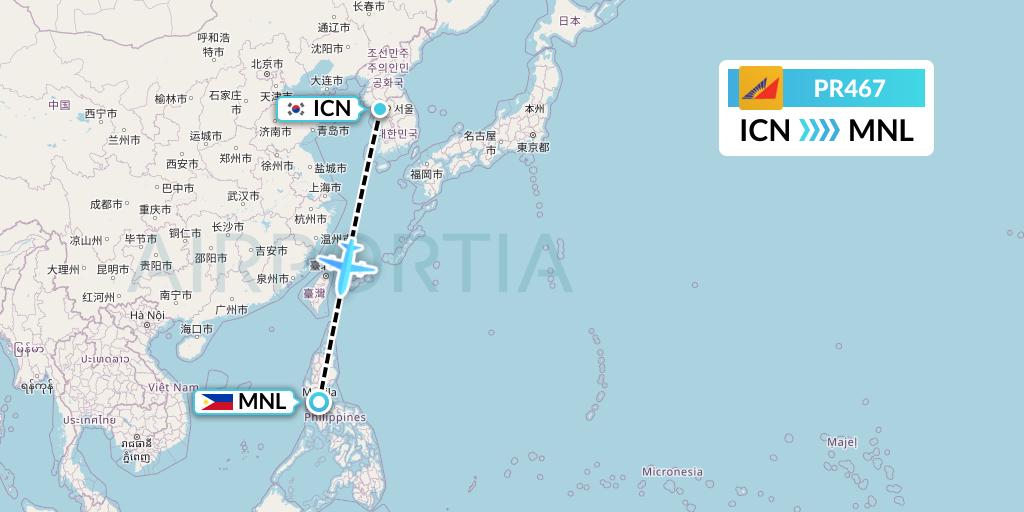 PR467 Philippine Airlines Flight Map: Seoul to Manila
