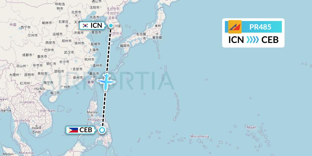 PR485 Philippine Airlines Flight Map: Seoul to Cebu