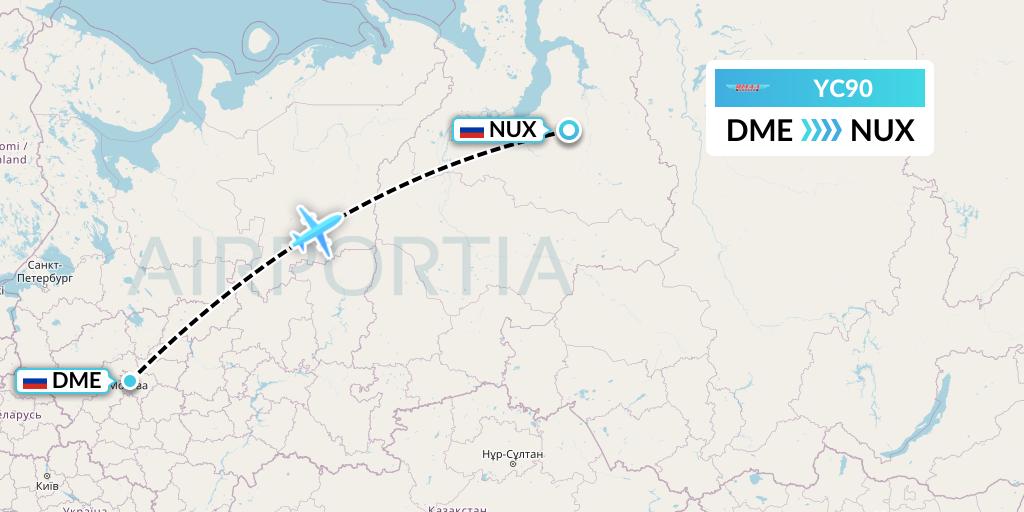 YC90 Yamal Airlines Flight Map: Moscow to Novy Urengoy
