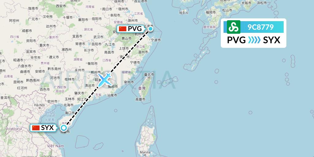 9C8779 Spring Airlines Flight Map: Shanghai to Sanya