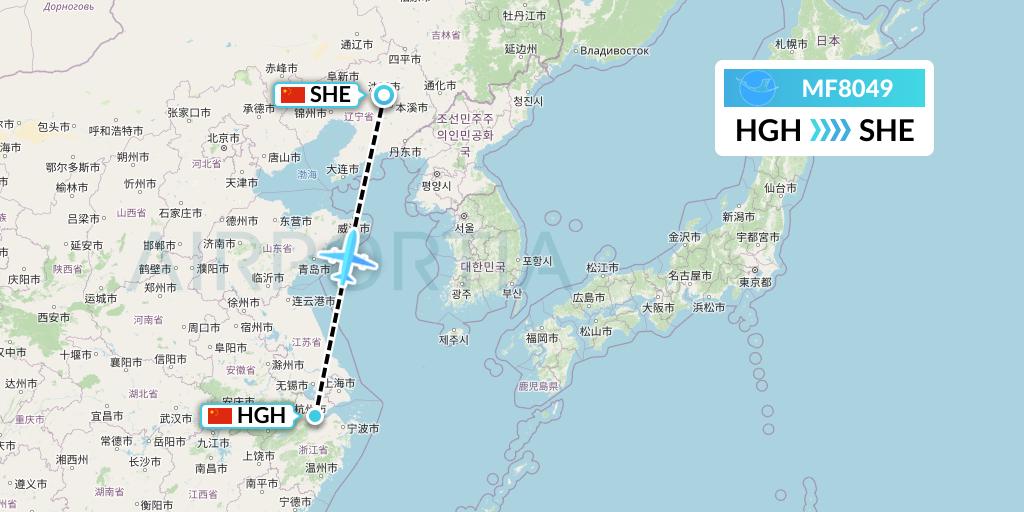 MF8049 Xiamen Airlines Flight Map: Hangzhou to Shenyang