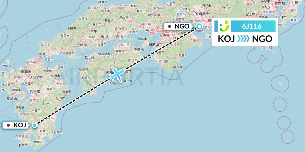 6J116 Solaseed Air Flight Map: Kagoshima to Nagoya