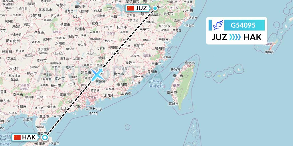 G54095 China Express Airlines Flight Map: Quzhou to Haikou