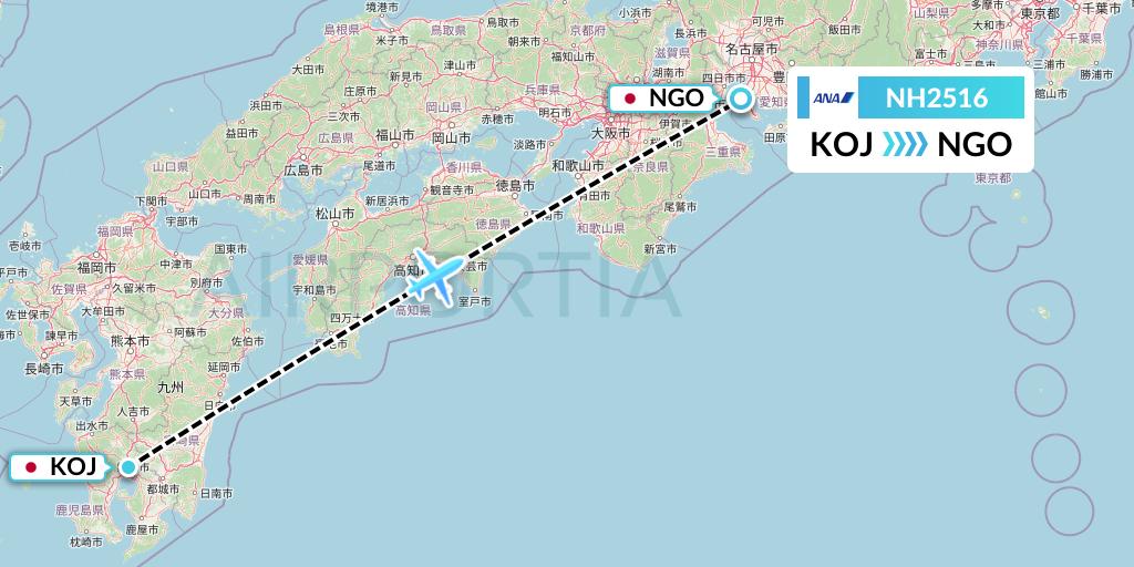 NH2516 All Nippon Airways Flight Map: Kagoshima to Nagoya